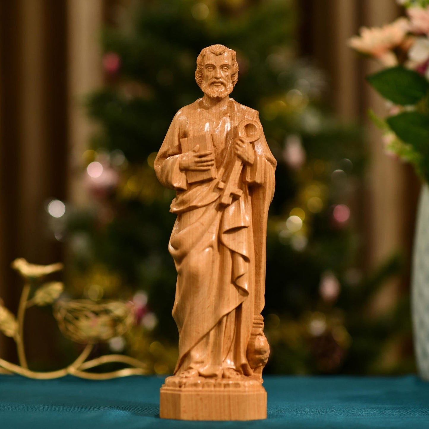 St. Peter Statue Figurine Religious Decoration - Handcrafted Wooden Statue
