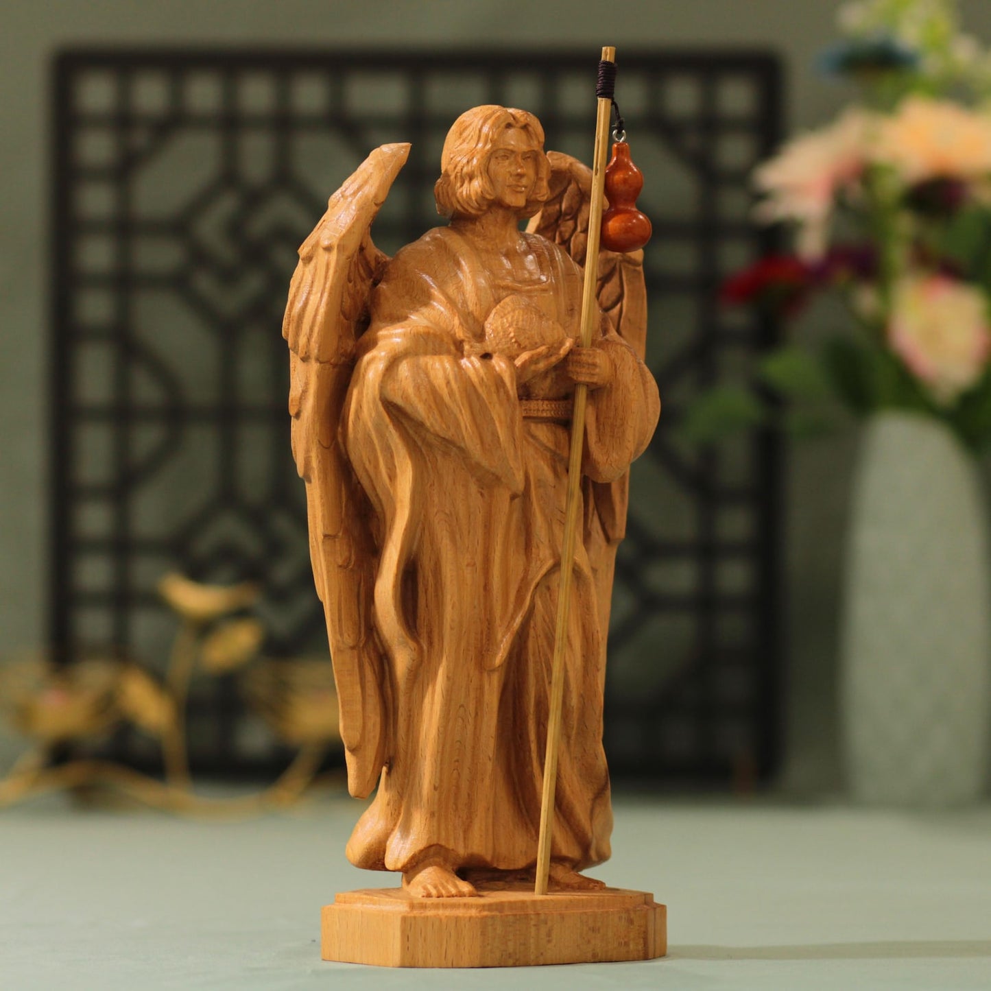 Archangel Raphael Wooden Statue Archangel Icon - Handcrafted Wooden Statue