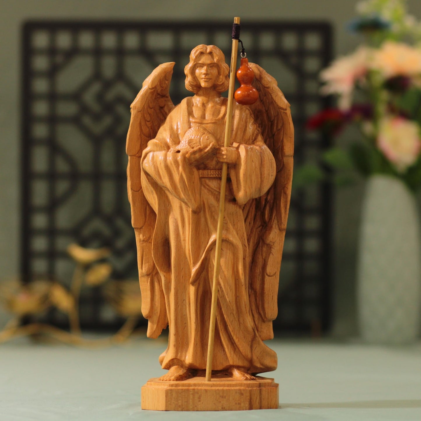 Archangel Raphael Wooden Statue Archangel Icon - Handcrafted Wooden Statue