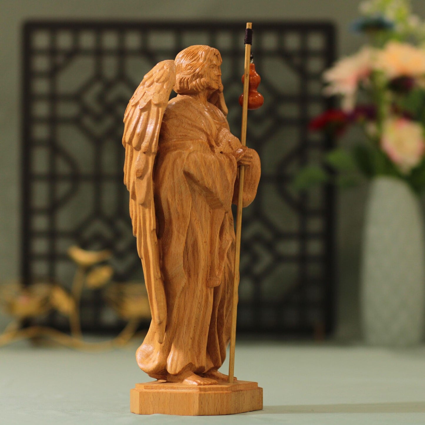 Archangel Raphael Wooden Statue Archangel Icon - Handcrafted Wooden Statue
