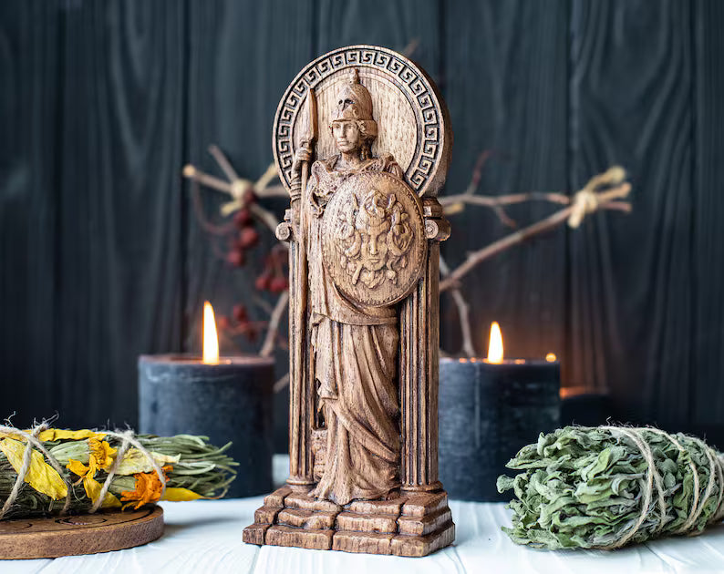 Handcrafted Wooden Athena Statue – Goddess of Wisdom, Courage and Strategic Leadership, GR0006