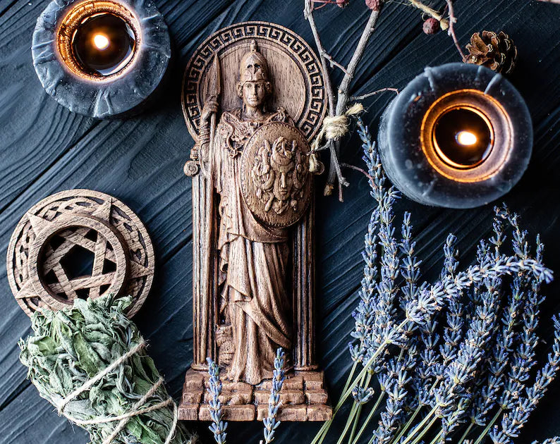 Handcrafted Wooden Athena Statue – Goddess of Wisdom, Courage and Strategic Leadership, GR0006