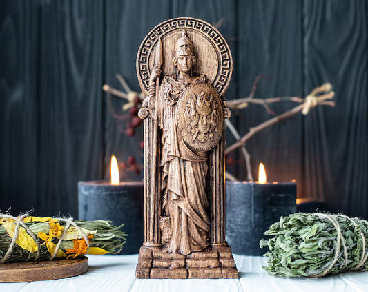 Handcrafted Wooden Athena Statue – Goddess of Wisdom, Courage and Strategic Leadership, GR0006