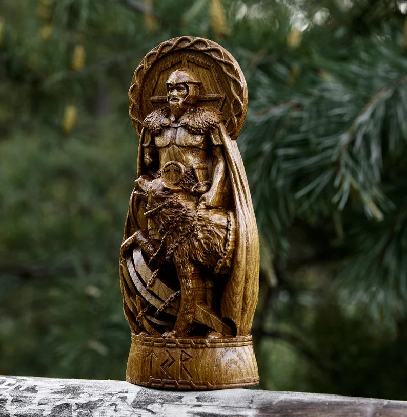 Tyr & Fenrir Statue – Norse Legend of Courage and Sacrifice, Hand Carved Viking Wood Sculpture, VK0018