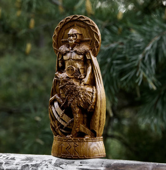 Tyr & Fenrir Statue – Norse Legend of Courage and Sacrifice, Hand Carved Viking Wood Sculpture, VK0018