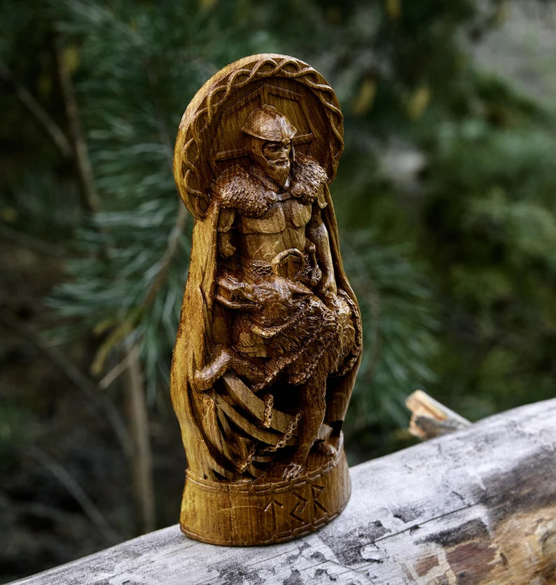 Tyr & Fenrir Statue – Norse Legend of Courage and Sacrifice, Hand Carved Viking Wood Sculpture, VK0018