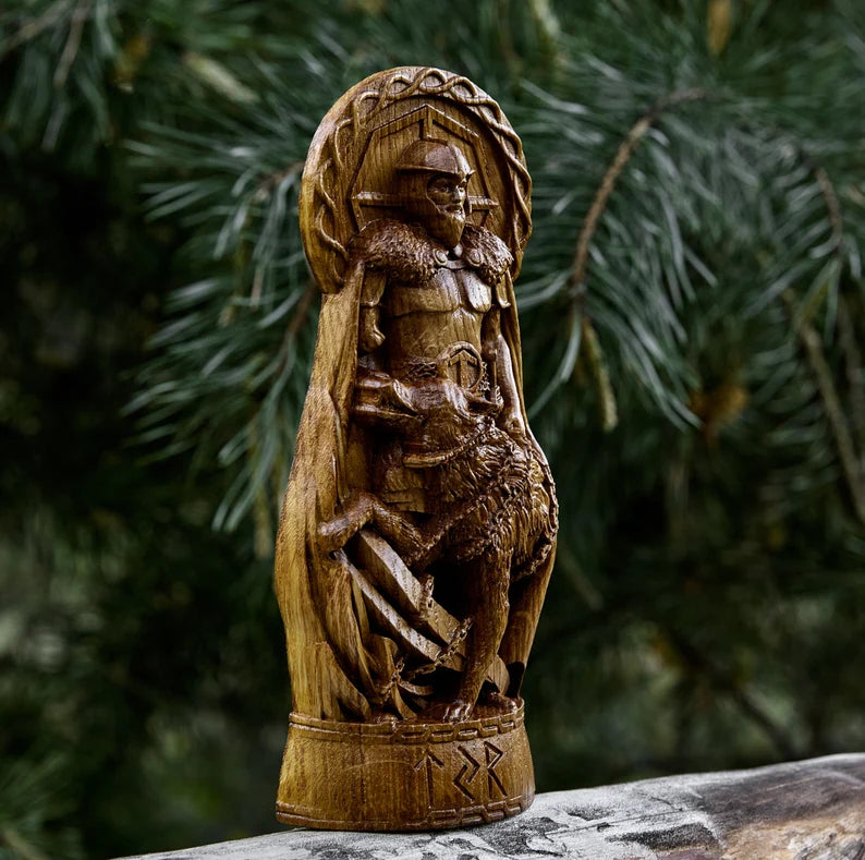 Tyr & Fenrir Statue – Norse Legend of Courage and Sacrifice, Hand Carved Viking Wood Sculpture, VK0018