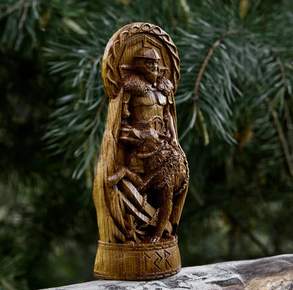 Tyr & Fenrir Statue – Norse Legend of Courage and Sacrifice, Hand Carved Viking Wood Sculpture, VK0018