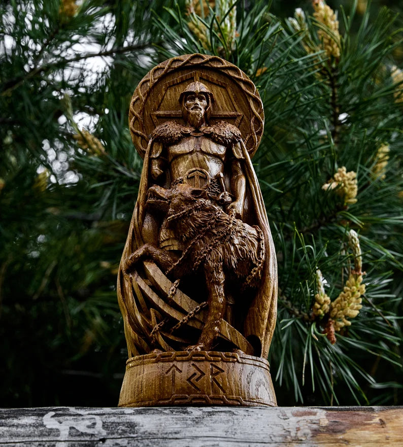 Tyr & Fenrir Statue – Norse Legend of Courage and Sacrifice, Hand Carved Viking Wood Sculpture, VK0018