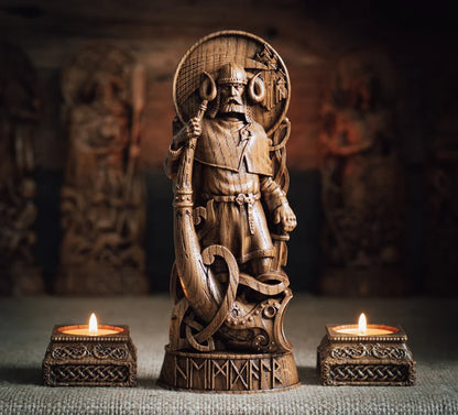 Heimdall Statue – Handcrafted Norse God Wood Carving, Viking Decor, Scandinavian Mythology Gift, Nordic Heritage Art, VK0014