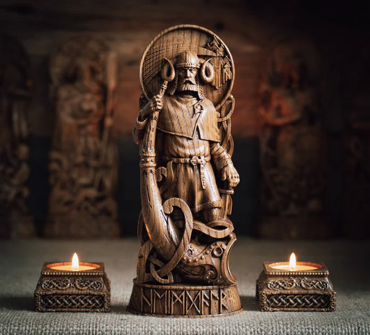 Heimdall Statue – Handcrafted Norse God Wood Carving, Viking Decor, Scandinavian Mythology Gift, Nordic Heritage Art, VK0014