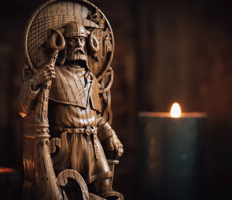 Heimdall Statue – Handcrafted Norse God Wood Carving, Viking Decor, Scandinavian Mythology Gift, Nordic Heritage Art, VK0014