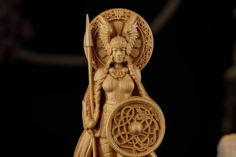 Valkyrie Statue – Legendary Norse Shield Maiden, Handcrafted Viking Wood Carving, Scandinavian Mythology Gift, VK0016