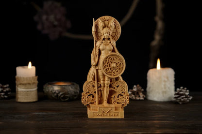 Valkyrie Statue – Legendary Norse Shield Maiden, Handcrafted Viking Wood Carving, Scandinavian Mythology Gift, VK0016