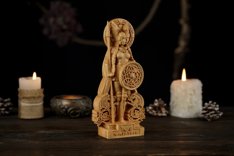 Valkyrie Statue – Legendary Norse Shield Maiden, Handcrafted Viking Wood Carving, Scandinavian Mythology Gift, VK0016