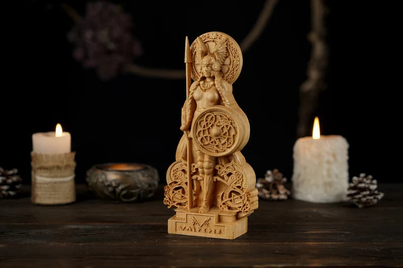 Valkyrie Statue – Legendary Norse Shield Maiden, Handcrafted Viking Wood Carving, Scandinavian Mythology Gift, VK0016