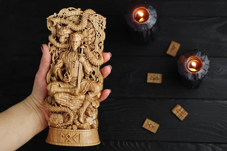 Loki Wooden Statue – Masterfully Handcrafted Norse God Sculpture, Viking Heritage Decor & Collector's Gift, VK0048