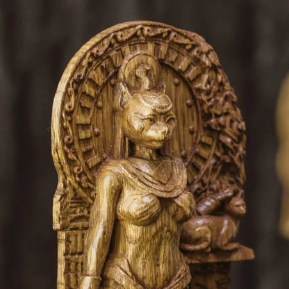 Handcrafted Wooden Bastet Statue – Egyptian Cat Goddess, Symbol of Protection and Grace, EGT0002