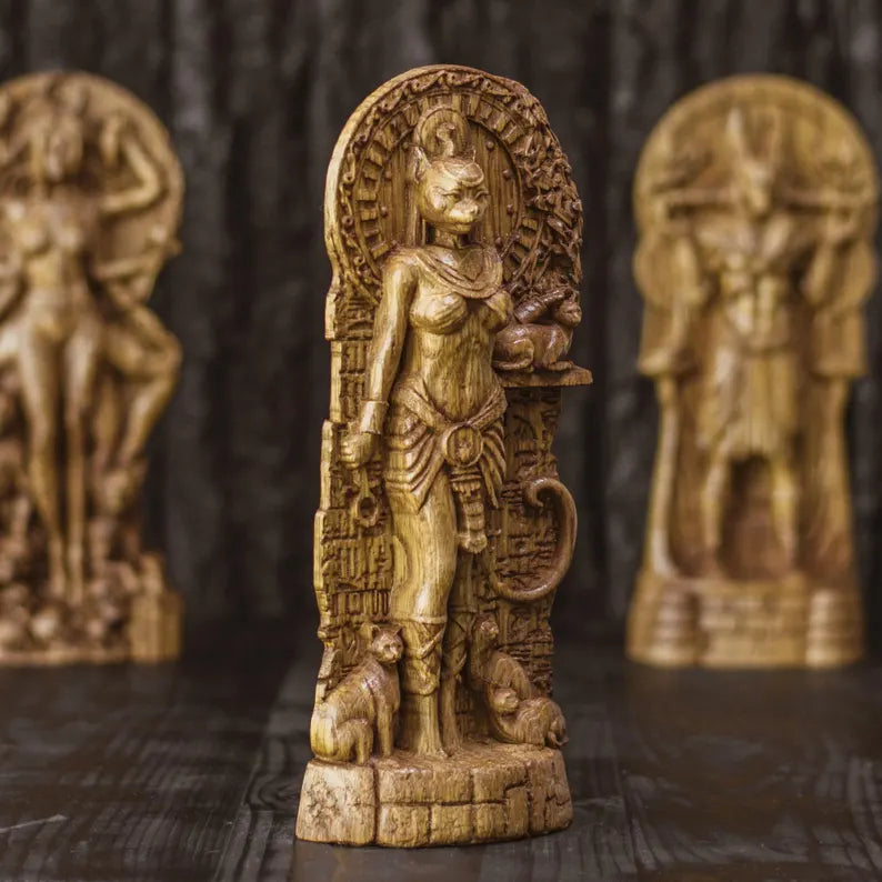 Handcrafted Wooden Bastet Statue – Egyptian Cat Goddess, Symbol of Protection and Grace, EGT0002