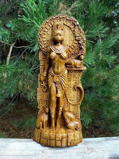 Handcrafted Wooden Bastet Statue – Egyptian Cat Goddess, Symbol of Protection and Grace, EGT0002