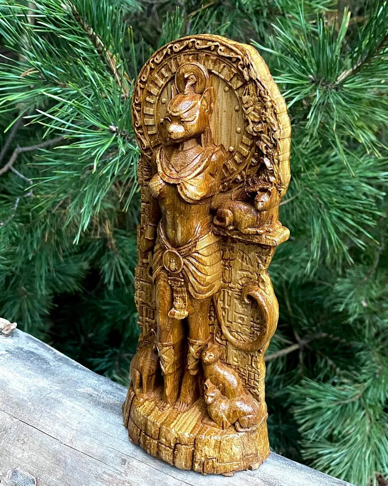 Handcrafted Wooden Bastet Statue – Egyptian Cat Goddess, Symbol of Protection and Grace, EGT0002