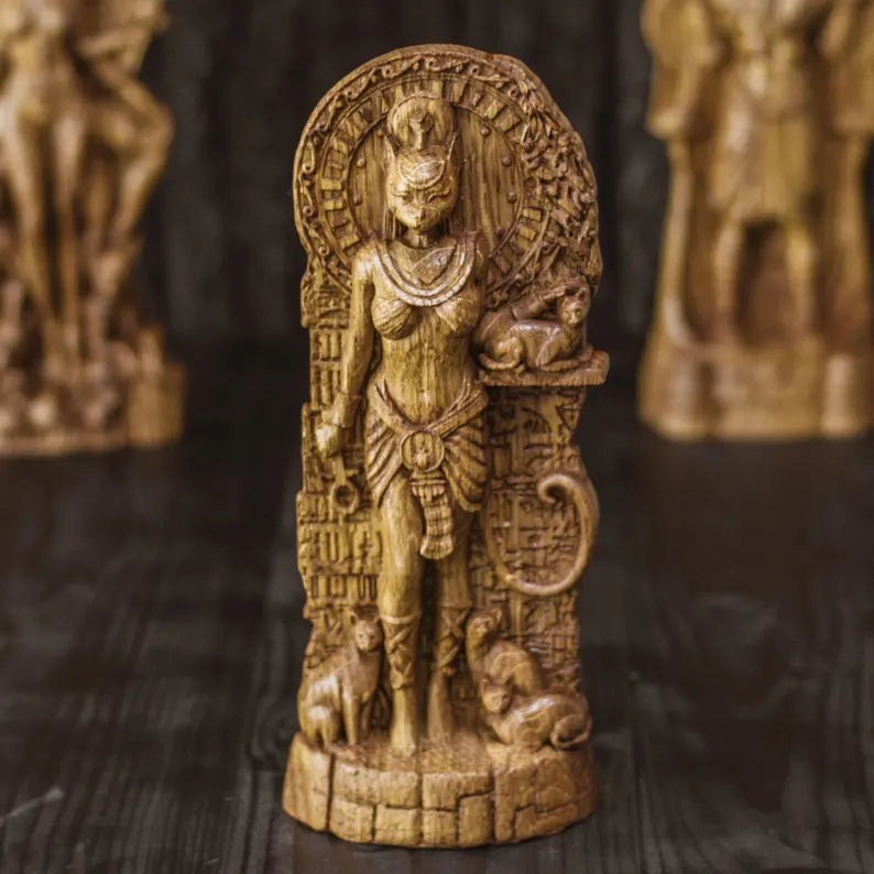 Handcrafted Wooden Bastet Statue – Egyptian Cat Goddess, Symbol of Protection and Grace, EGT0002