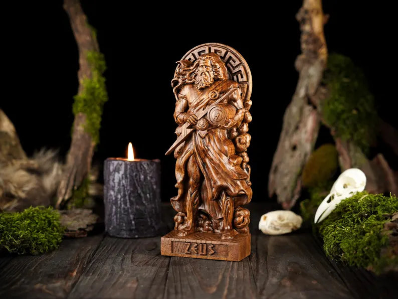Handcrafted Wooden Zeus Statue – King of the Greek Gods, Symbol of Power, Wisdom and Leadership, GR0002