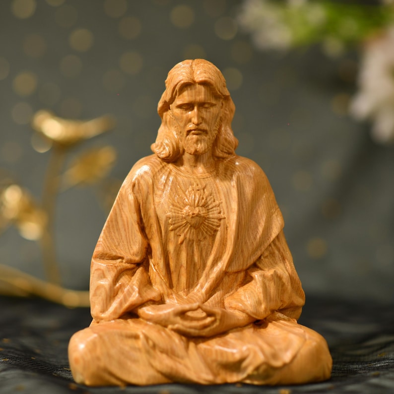 Sacred Heart of Jesus Christ Statue in contemplation Statue Holy Figurine Religious - Handcrafted Wooden Statue – Made to Order