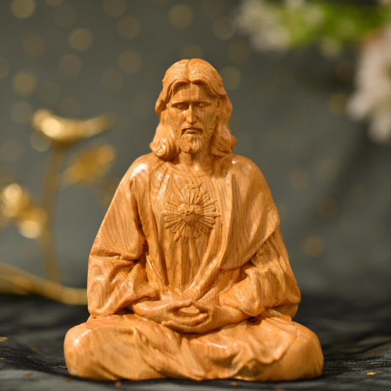 Sacred Heart of Jesus Christ Statue in contemplation Statue Holy Figurine Religious - Handcrafted Wooden Statue – Made to Order