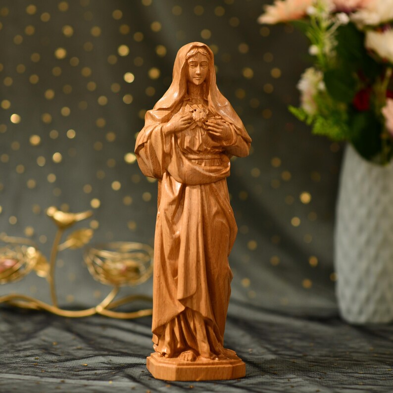 Statue of Immaculate Heart of Mary Orthodox Icon - Handcrafted Wooden Statue – Made to Order