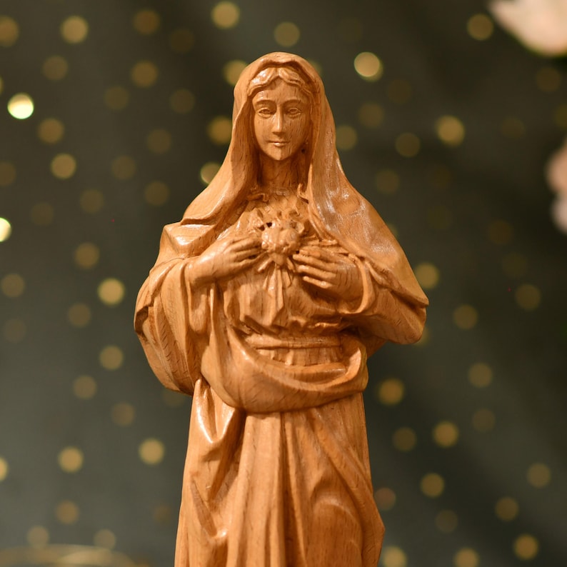 Statue of Immaculate Heart of Mary Orthodox Icon - Handcrafted Wooden Statue – Made to Order