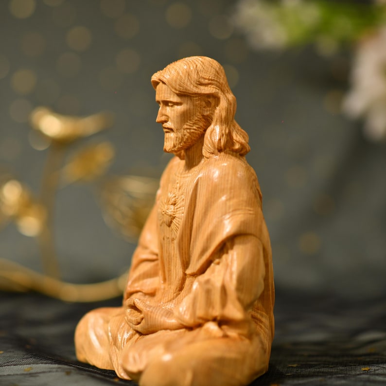 Sacred Heart of Jesus Christ Statue in contemplation Statue Holy Figurine Religious - Handcrafted Wooden Statue – Made to Order