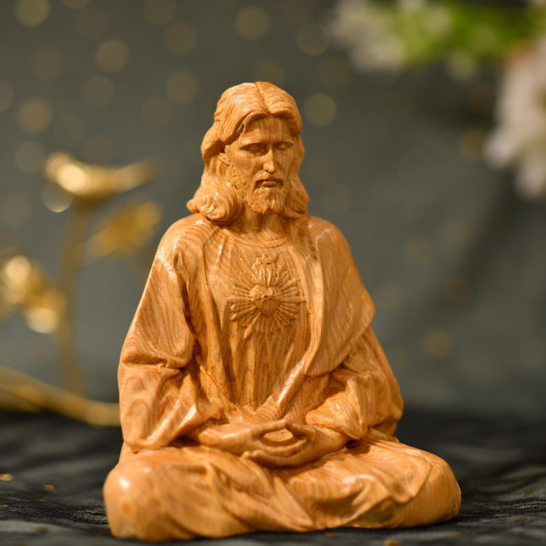 Sacred Heart of Jesus Christ Statue in contemplation Statue Holy Figurine Religious - Handcrafted Wooden Statue – Made to Order