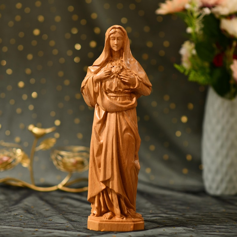 Statue of Immaculate Heart of Mary Orthodox Icon - Handcrafted Wooden Statue – Made to Order