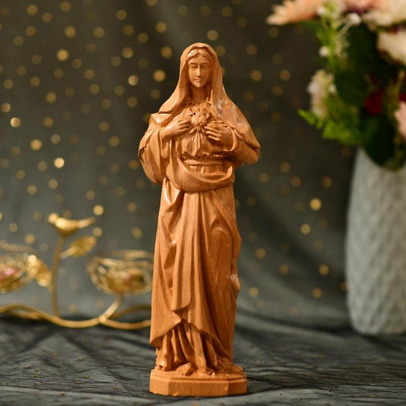 Statue of Immaculate Heart of Mary Orthodox Icon - Handcrafted Wooden Statue – Made to Order