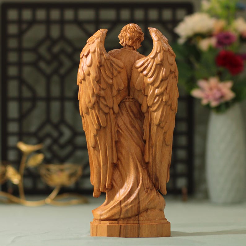 Archangel Gabriel Saint Statue Wooden - Handcrafted Wooden Statue