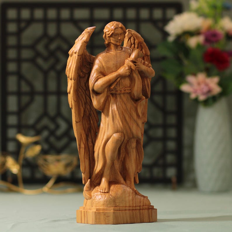 Archangel Gabriel Saint Statue Wooden - Handcrafted Wooden Statue