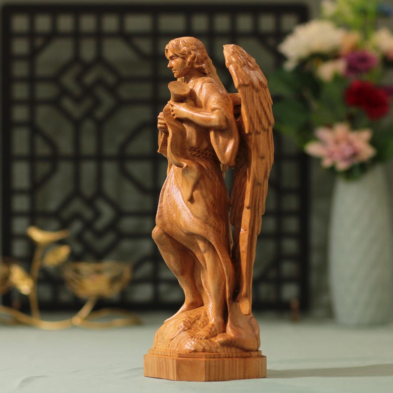 Archangel Gabriel Saint Statue Wooden - Handcrafted Wooden Statue