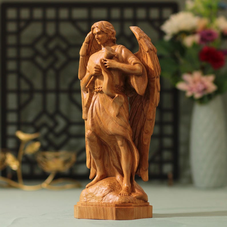 Archangel Gabriel Saint Statue Wooden - Handcrafted Wooden Statue
