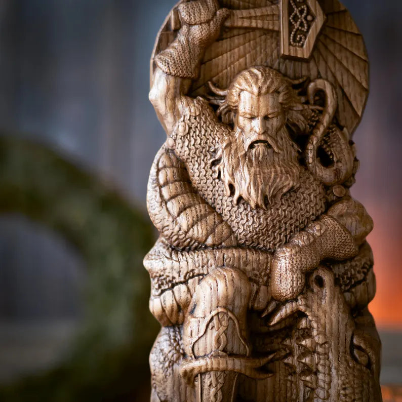 Hand-Carved Thor Wooden Statue – Viking Decor and Gift for Norse Mythology Enthusiasts, VK0004