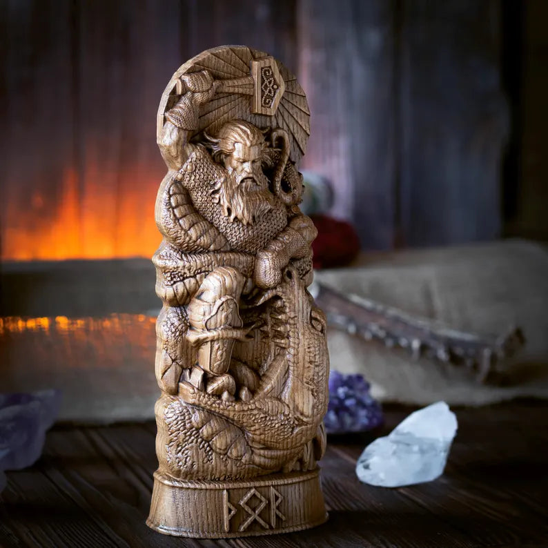 Hand-Carved Thor Wooden Statue – Viking Decor and Gift for Norse Mythology Enthusiasts, VK0004