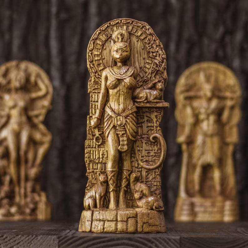 Handcrafted Wooden Bastet Statue – Egyptian Cat Goddess, Symbol of Protection and Grace, EGT0002