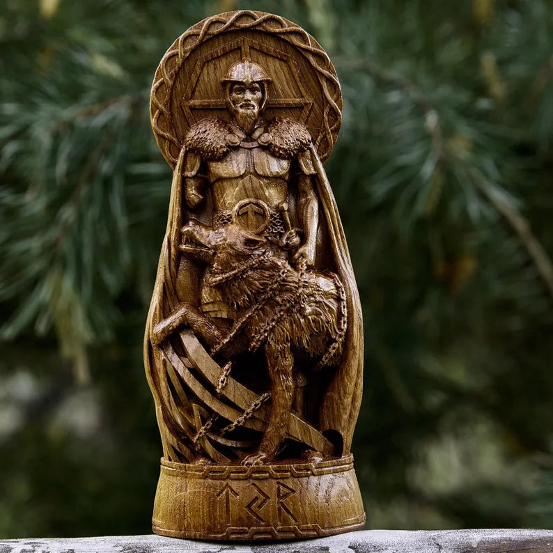 Tyr & Fenrir Statue – Norse Legend of Courage and Sacrifice, Hand Carved Viking Wood Sculpture, VK0018