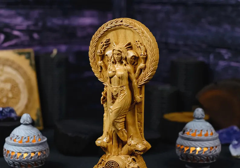 Handcrafted Wooden Hecate Statue – Goddess of Magic, Intuition and Transformation, GR0015