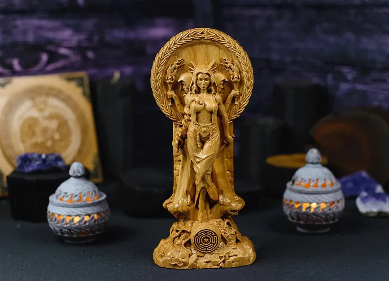 Handcrafted Wooden Hecate Statue – Goddess of Magic, Intuition and Transformation, GR0015