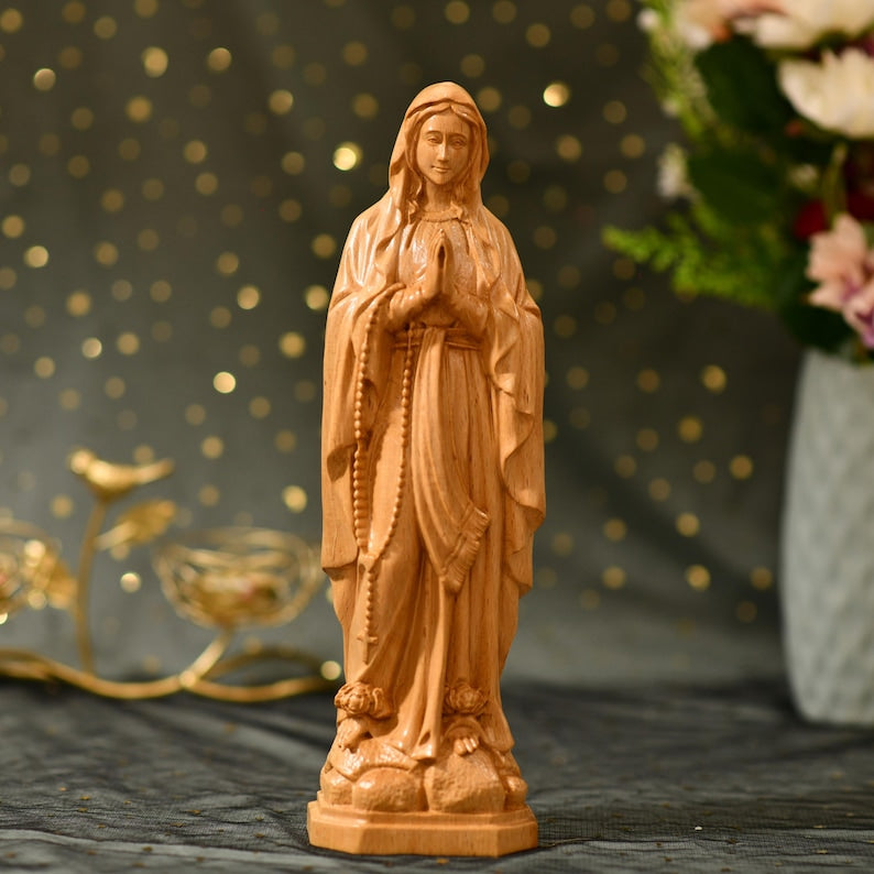 Hand Carved Our Lady of Lourdes Statue - Handcrafted Wooden Statue