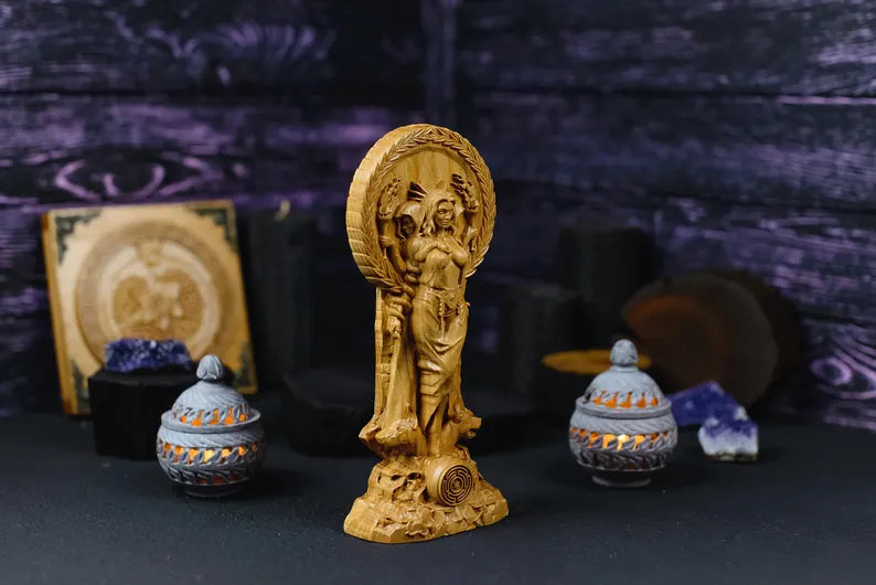 Handcrafted Wooden Hecate Statue – Goddess of Magic, Intuition and Transformation, GR0015