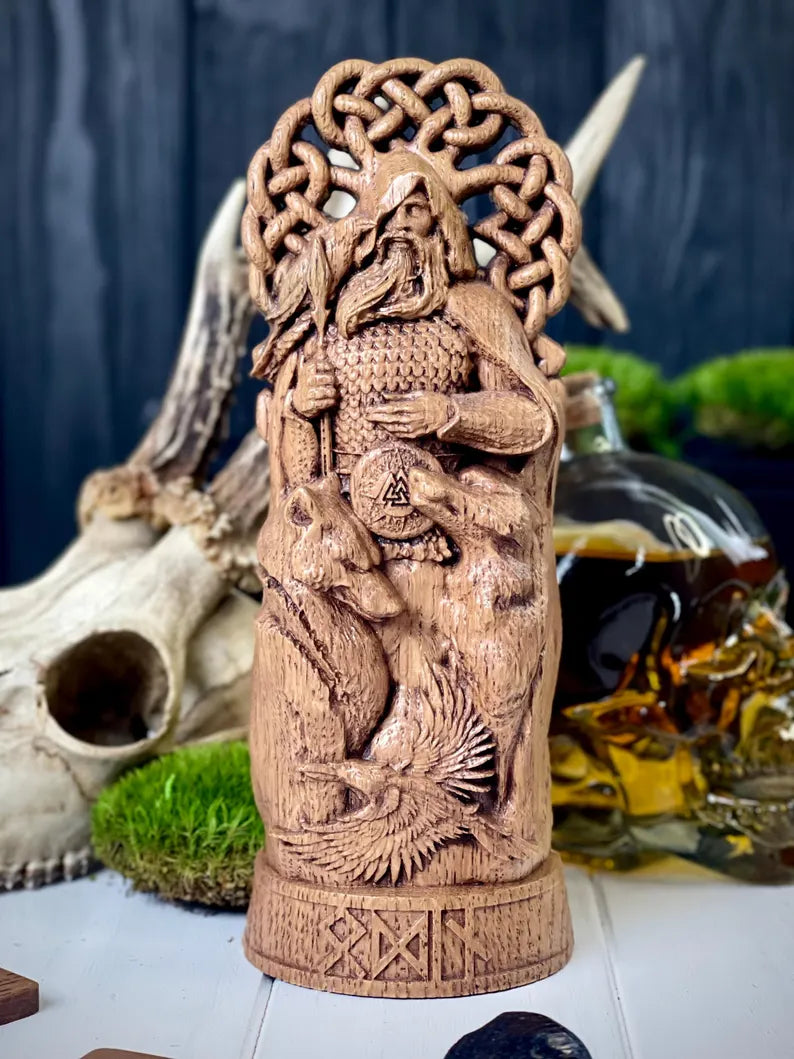 Hand-Carved Odin Wooden Statue – Viking Decor and Gift for Norse Mythology Enthusiasts, VK0002