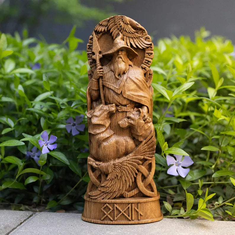 Hand-Carved Odin Wooden Statue – Viking Decor and Gift for Norse Mythology Enthusiasts, VK0001