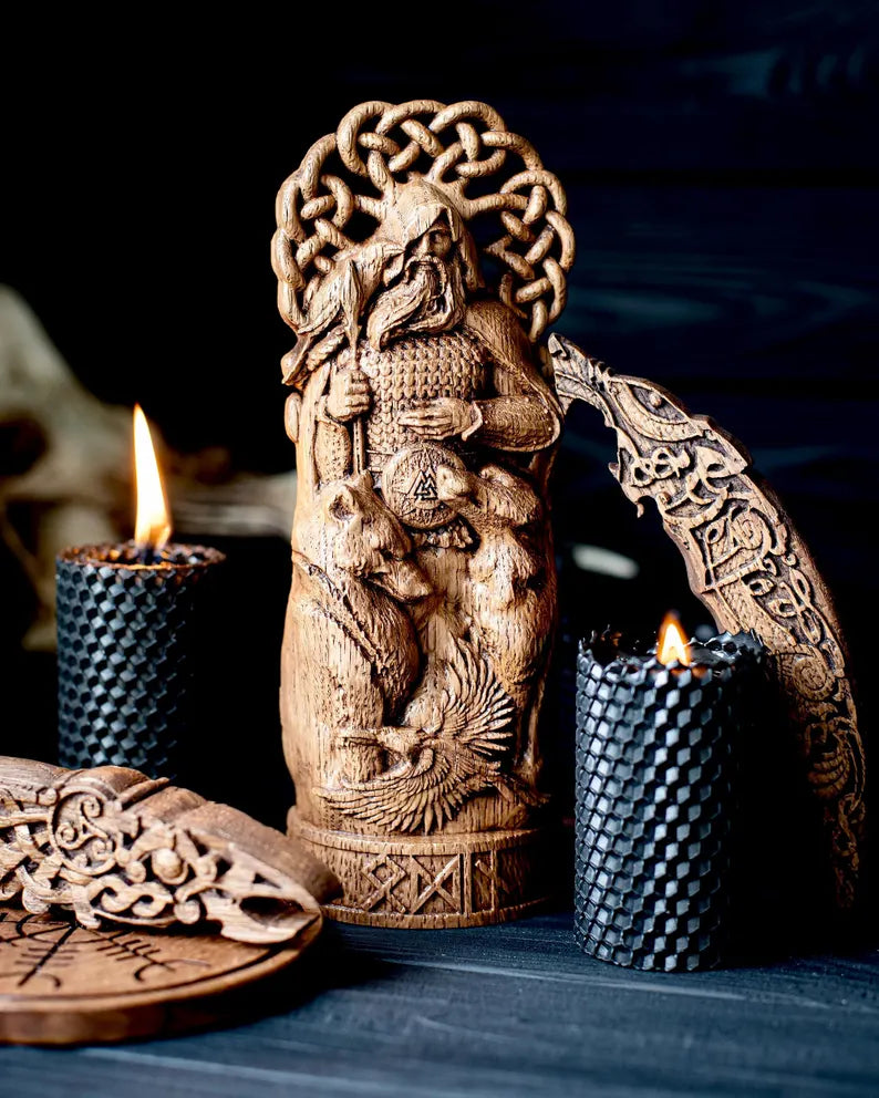 Hand-Carved Odin Wooden Statue – Viking Decor and Gift for Norse Mythology Enthusiasts, VK0002